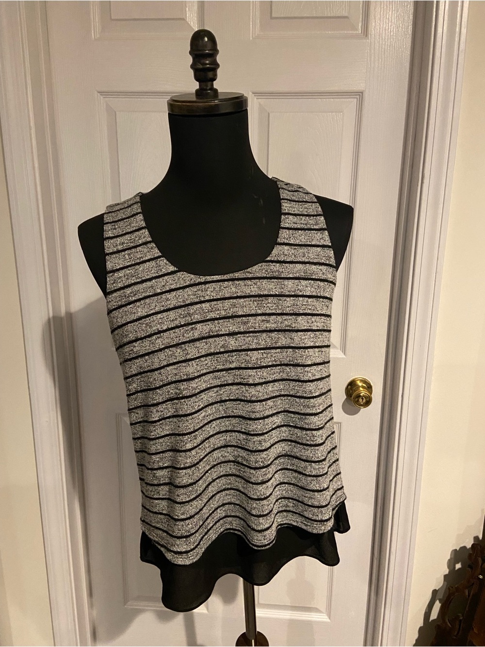 White House Black Market Sleeveless Black and Gray Striped Layered Hem Tank Top